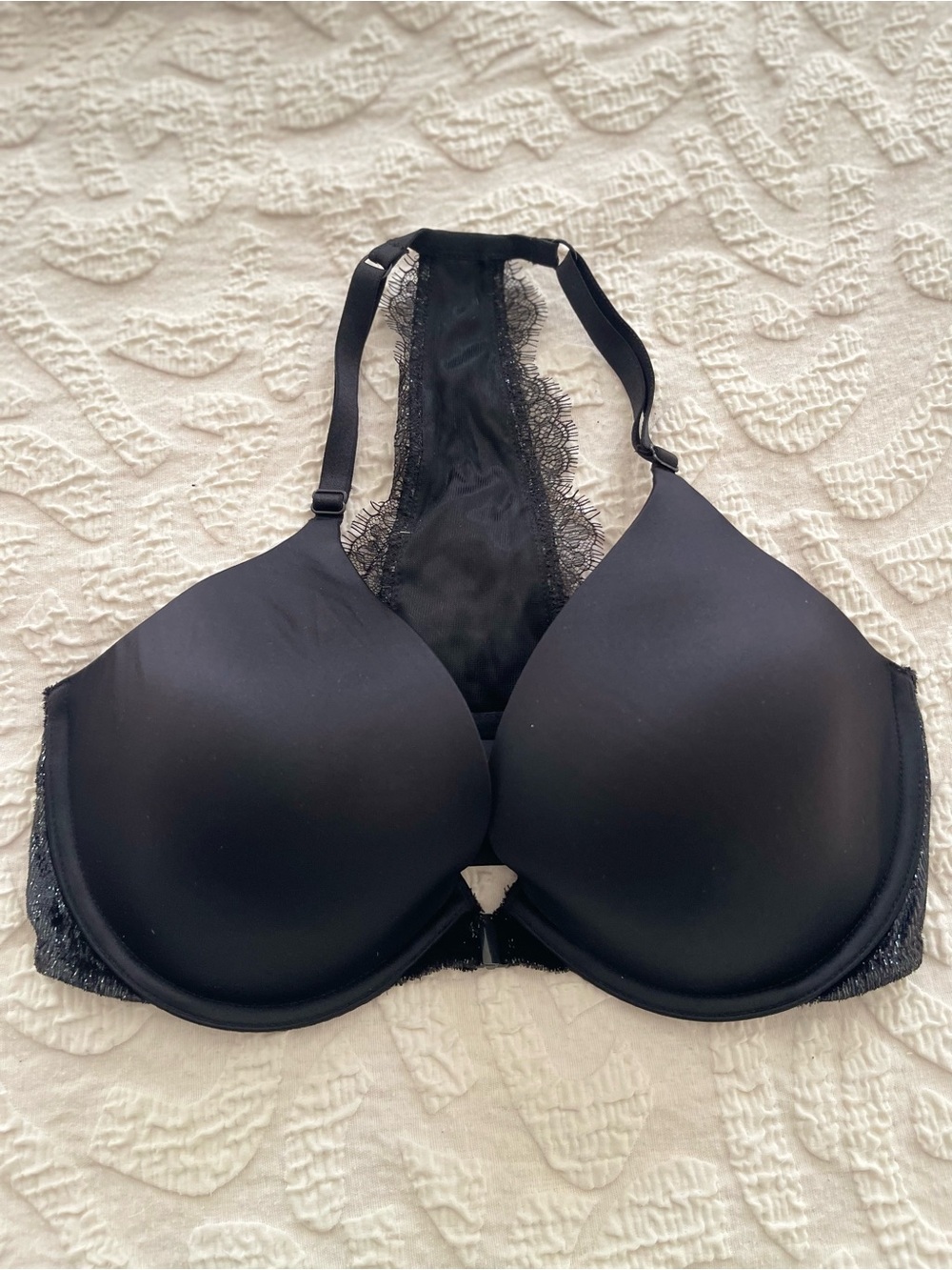 Victoria's Secret Black Lace Racerback lace plunge bra front clasp 34DD